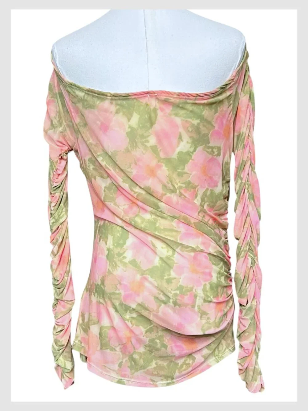 Free People Priya Blouse Pink Floral Mesh Ruched Off Shoulder L